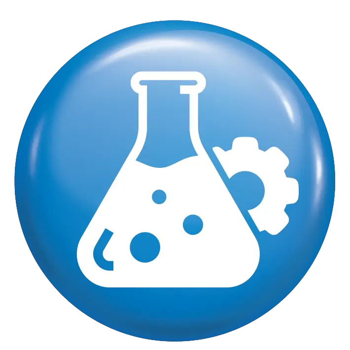 Adjuvants icon: laboratory flask and gear on a glossy blue circular badge