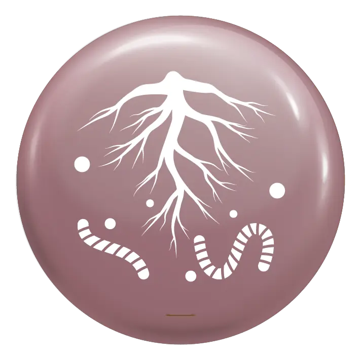 Biologicals icon: white root system with soil organisms on a glossy dusty pink circular badge