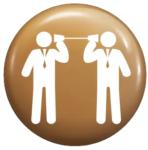 Communicate icon: two figures with a can and string telephone on a glossy bronze circular badge