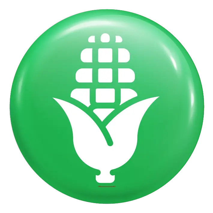 Crop enhancers icon: white maize cob and leaves on a glossy green circular badge