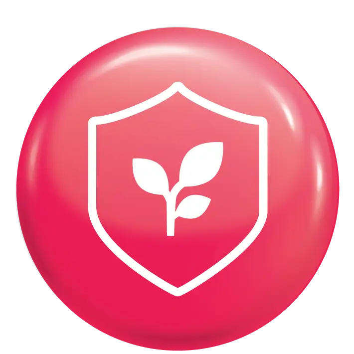 Crop protection icon: white leaves inside a shield on a glossy red circular badge