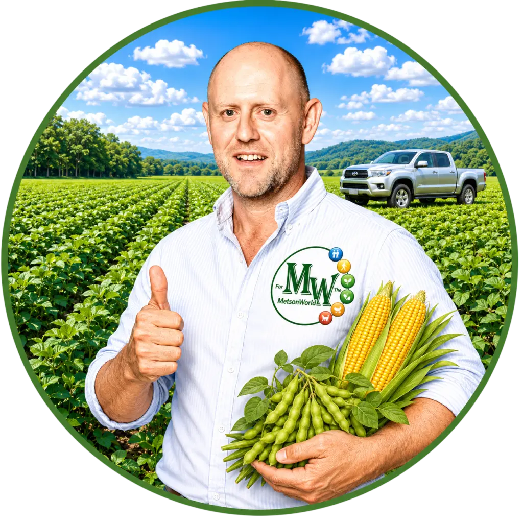 Danie Luther of MetsonWorld giving a thumbs up with maize cobs and soybean plants in a crop field