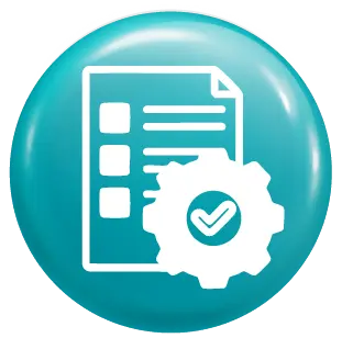 Execute icon: checklist document and gear on a glossy teal circular badge