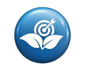 Focus icon: target and arrow above leaves on a glossy blue circular badge