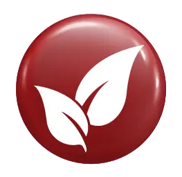 Global reach local roots icon: white leaves on a glossy dark red circular badge