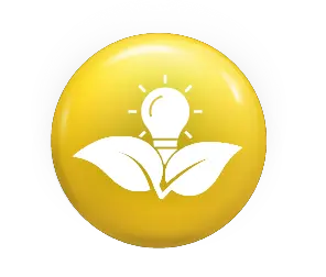 Innovation icon: lightbulb above leaves on a glossy yellow circular badge