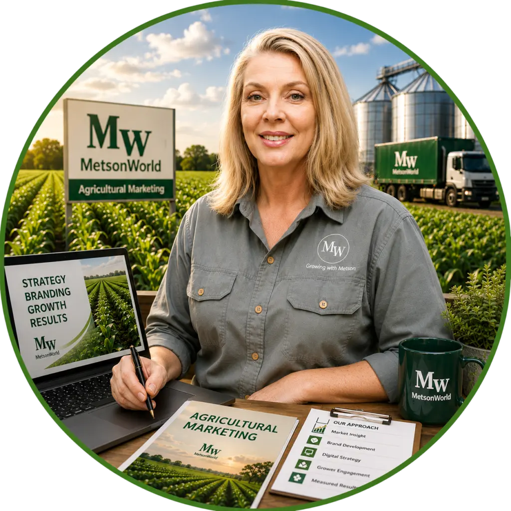 Mandy van Rooyen of MetsonWorld at a desk with branded marketing material and grain silos behind
