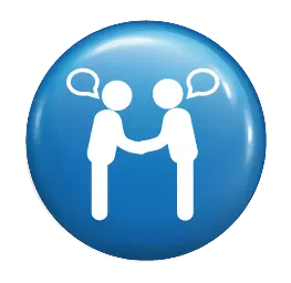 Technical support icon: two figures shaking hands with speech bubbles on a glossy blue circular badge