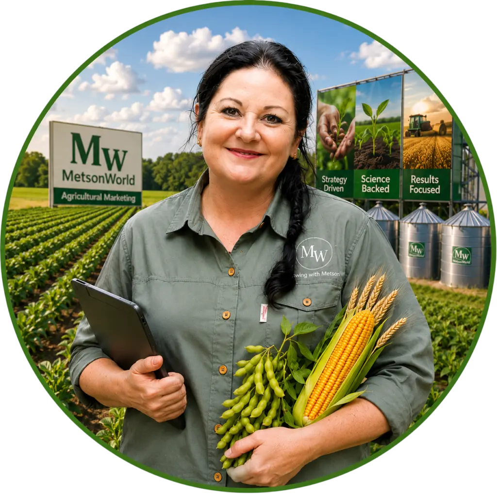 Michelle from MetsonWorld holding a tablet and maize cobs in a crop field