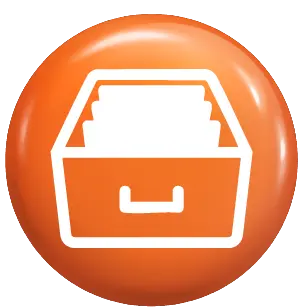 Organise icon: white filing box on a glossy orange circular badge