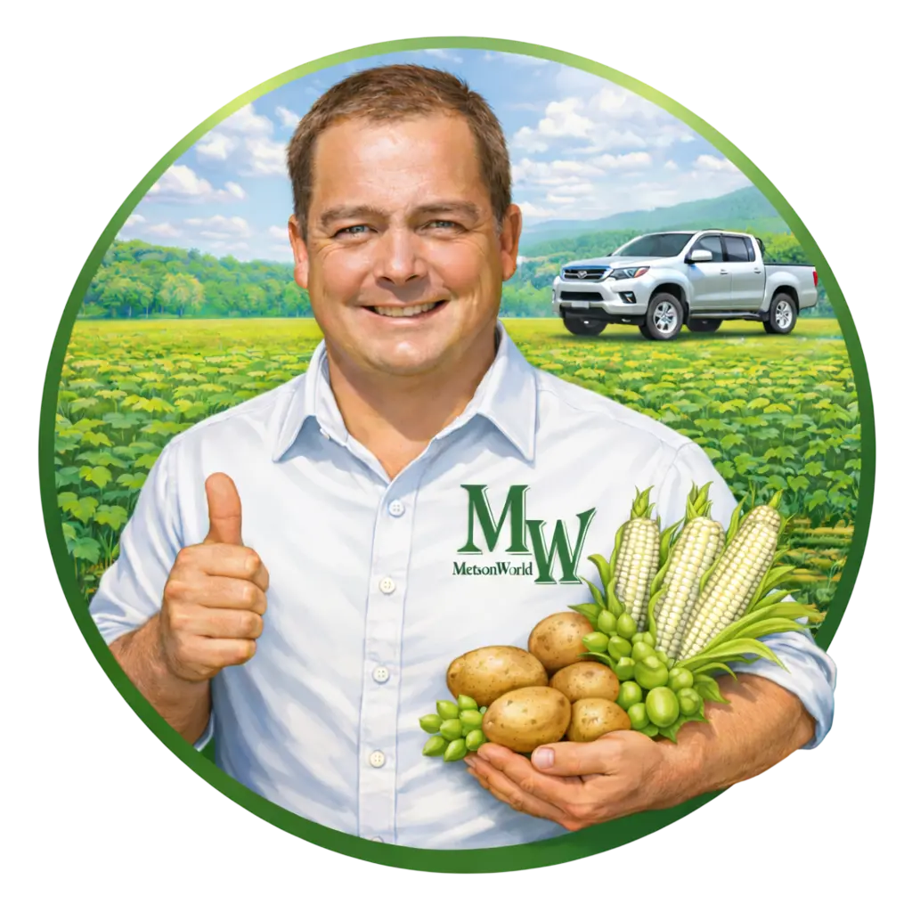 Pieter Bekker of MetsonWorld giving a thumbs up with maize and potatoes in a crop field