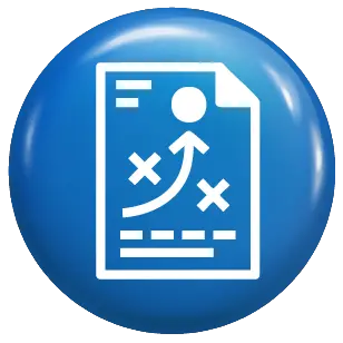 Plan icon: document with a strategy diagram on a glossy blue circular badge