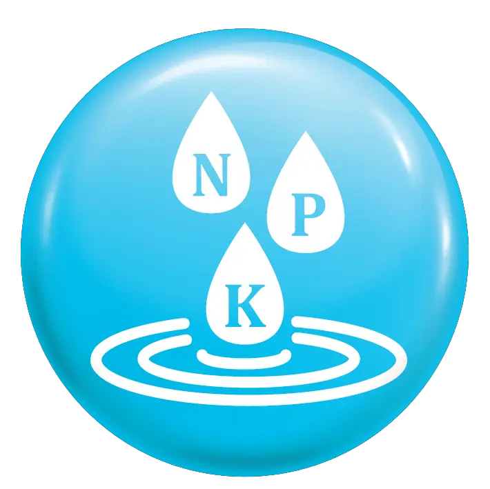 Plant nutrition icon: nitrogen, phosphorus and potassium droplets on a glossy light blue circular badge